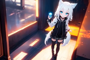 ultra epic HD, photorealistic, cinematic, (masterpiece, best quality:1.15), (1girl, solo, loli), wolf ears, perfect beautiful eyes, white hair, smile, (full body), ((cute, adorable)), 