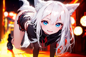 ultra epic HD, photorealistic, cinematic, (masterpiece, best quality:1.15), (1girl, solo, loli), wolf ears, (perfect beautiful eyes), white hair, smile, (full body), ((cute, adorable)), 