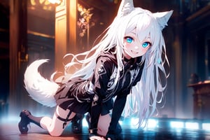 ultra epic HD, photorealistic, cinematic, (masterpiece, best quality:1.15), (1girl, solo, loli), wolf ears, perfect beautiful eyes, white hair, smile, (full body), ((cute, adorable)), 