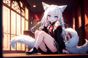 ultra epic HD, photorealistic, cinematic, (masterpiece, best quality:1.15), (1girl, solo, loli), wolf ears, (perfect beautiful eyes), white hair, smile, (full body), ((cute, adorable)), 