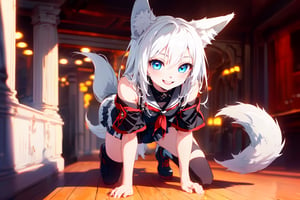 ultra epic HD, photorealistic, cinematic, (masterpiece, best quality:1.15), (1girl, solo, loli), wolf ears, (perfect beautiful eyes), white hair, smile, (full body), ((cute, adorable)), 