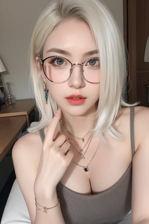 1girl, solo, looking at viewer, blonde hair, jewelry, white hair, multicolored hair, earrings, glasses, indoors, necklace, two-tone hair, lips, grey eyes, realistic