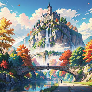 outdoors, sky, day, cloud, water, tree, blue sky, no humans, leaf, grass, building, scenery, stairs, autumn leaves, bridge, rainbow, river, castle, tower, waterfall, floating island