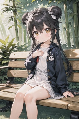 1girl, solo, long hair, looking at viewer, blush, bangs, black hair, long sleeves, hair between eyes, brown eyes, sitting, closed mouth, sidelocks, outdoors, day, hand up, hair bun, double bun, feet out of frame, animal, panda, plant, hand on own chest, nature, forest, bench, bamboo, bamboo forest