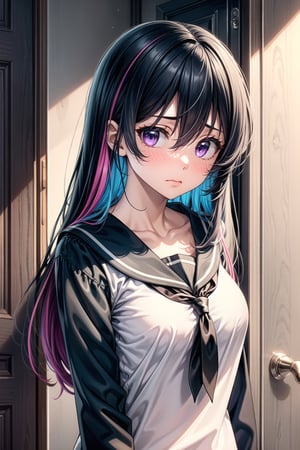 1girl, solo, long hair, looking at viewer, blush, bangs, shirt, black hair, long sleeves, hair between eyes, closed mouth, blue hair, purple eyes, collarbone, upper body, multicolored hair, serafuku, indoors, wide sleeves, sailor collar, two-tone hair, black sailor collar, colored inner hair, door, peeking out, open door