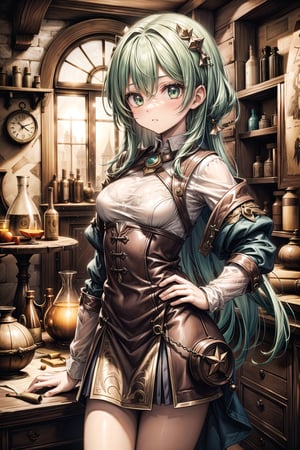 A girl alchemist with green hair,renaissance_alchemist_studio