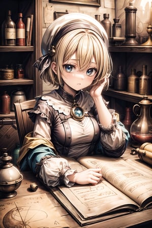 A girl alchemist with blonde short hair,renaissance_alchemist_studio