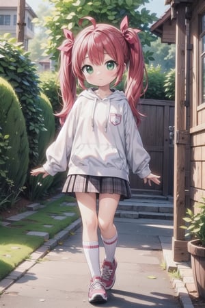 1girl, solo, long hair, looking at viewer, blush, bangs, skirt, long sleeves, ribbon, twintails, closed mouth, standing, full body, hair ribbon, red hair, outdoors, shoes, socks, puffy sleeves, hand up, hood, green eyes, kneehighs, hoodie, hood down, white socks, sneakers, puffy long sleeves, door, drawstring,pastelbg