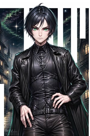 solo, looking at viewer, short hair, green eyes, shirt, long sleeves, 1boy, closed mouth, jacket, black hair, male focus, belt, pants, hand on hip, black suit, black coat, leather,hunger