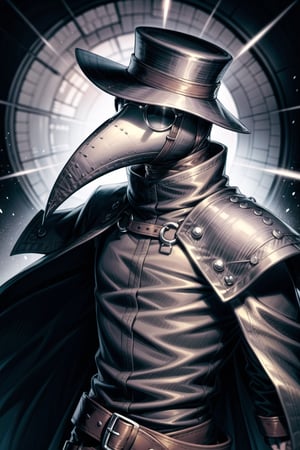 solo, 1boy, hat, upper body, male focus, coat, no humans, mask, black background, 1other,plague doctor