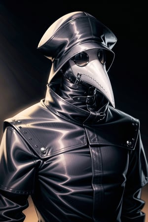 solo, 1boy, hat, upper body, male focus, coat, no humans, mask, black background, 1other,plague doctor