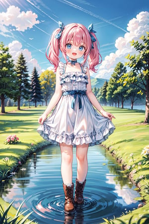 1girl, solo, breasts, looking at viewer, blush, smile, open mouth, bangs, blue eyes, dress, ribbon, twintails, standing, collarbone, full body, flower, :d, pink hair, small breasts, boots, outdoors, frills, sky, sleeveless, choker, day, cloud, water, white dress, tree, bare arms, sleeveless dress, brown footwear, frilled dress, grass, blue ribbon, building, reflection, skirt hold, ripples, pond