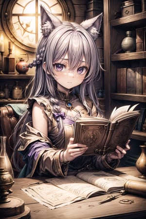 A wolfgirl alchemist with purple braided hair,renaissance_alchemist_studio