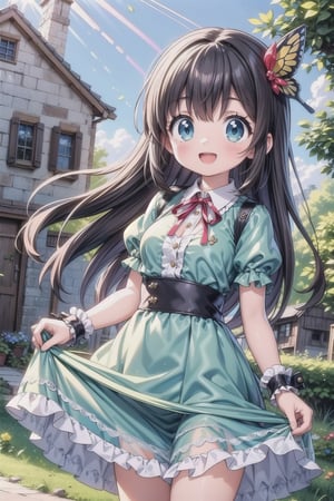 1girl, solo, long hair, breasts, looking at viewer, blush, smile, open mouth, bangs, blue eyes, black hair, hair ornament, dress, ribbon, medium breasts, very long hair, standing, flower, short sleeves, :d, cowboy shot, outdoors, frills, day, puffy sleeves, hair flower, puffy short sleeves, see-through, wrist cuffs, neck ribbon, floating hair, blue dress, sunlight, scrunchie, building, skirt hold, butterfly hair ornament, see-through sleeves