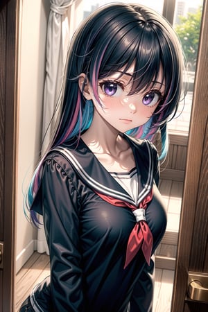 1girl, solo, long hair, looking at viewer, blush, bangs, shirt, black hair, long sleeves, hair between eyes, closed mouth, blue hair, purple eyes, collarbone, upper body, multicolored hair, serafuku, indoors, wide sleeves, sailor collar, two-tone hair, black sailor collar, colored inner hair, door, peeking out, open door