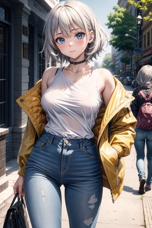 long hair, breasts, looking at viewer, blush, short hair, bangs, blue eyes, multiple girls, shirt, long sleeves, holding, 2girls, jewelry, medium breasts, closed mouth, standing, collarbone, jacket, white shirt, grey hair, cowboy shot, outdoors, multiple boys, open clothes, shoes, solo focus, pants, hand up, 3girls, hood, bag, open jacket, torn clothes, denim, jeans, handbag, shoulder bag, blue pants, holding bag, yellow jacket, torn pants