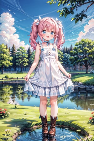 1girl, solo, breasts, looking at viewer, blush, smile, open mouth, bangs, blue eyes, dress, ribbon, twintails, standing, collarbone, full body, flower, :d, pink hair, small breasts, boots, outdoors, frills, sky, sleeveless, choker, day, cloud, water, white dress, tree, bare arms, sleeveless dress, brown footwear, frilled dress, grass, blue ribbon, building, reflection, skirt hold, ripples, pond