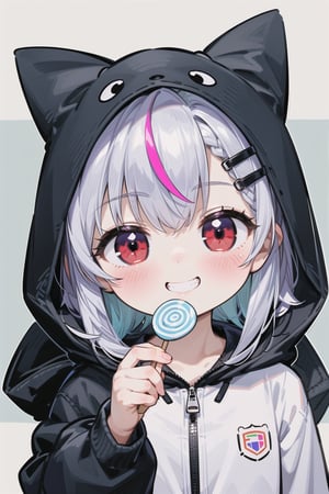 1girl, solo, long hair, looking at viewer, smile, bangs, shirt, hair ornament, red eyes, holding, white shirt, upper body, purple hair, food, teeth, hairclip, hood, grin, v, mouth hold, candy, hood up, zipper, lollipop, multicolored eyes, food in mouth, sticker
