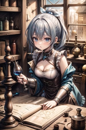 A girl alchemist with blue ponytail hair,renaissance_alchemist_studio