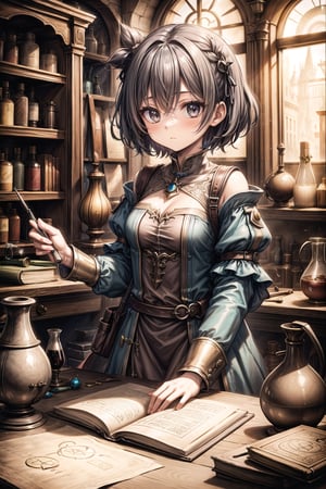 A girl alchemist with black short hair,renaissance_alchemist_studio
