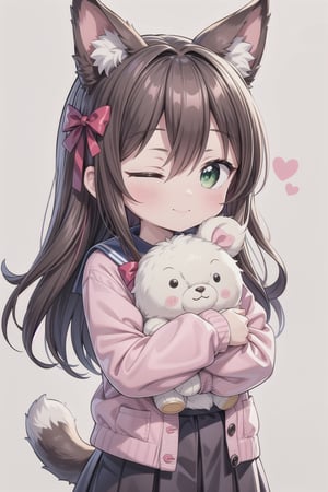 1girl, solo, long hair, looking at viewer, blush, smile, bangs, skirt, shirt, long sleeves, white background, bow, animal ears, hair between eyes, green eyes, closed mouth, school uniform, jacket, tail, hair bow, pleated skirt, sailor collar, red bow, animal ear fluff, sleeves past wrists, stuffed toy, light brown hair, cardigan, stuffed animal, white bow, sleeves past fingers, pink shirt, white sailor collar, object hug, stuffed bunny, pink jacket, holding stuffed toy, pink cardigan,one eye closed