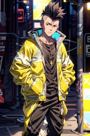 solo, looking at viewer, short hair, shirt, black hair, long sleeves, 1boy, jewelry, closed mouth, standing, jacket, male focus, outdoors, open clothes, pants, necklace, open jacket, black shirt, black pants, cross, spiked hair, ground vehicle, hands in pockets, yellow jacket, undercut, mohawk,david \(cyberpunk\)
