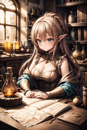 A elf girl alchemist with orange hair,renaissance_alchemist_studio
