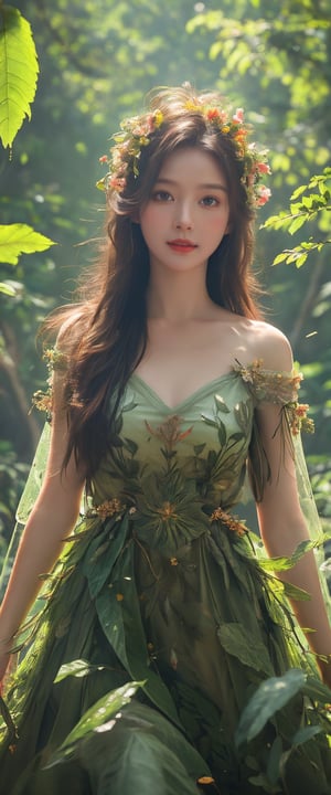 (Fairy in the forest:1.2), very delicate and soft lighting, details, Ultra HD, 8k, animated movie, (soft leaf dress:1.2), wide and beautiful green forest, meadow full of flowers and birds, sunlight shining through the leaves, bright and clear picture quality, povpinch,spitroast,mandara_art,Animal,