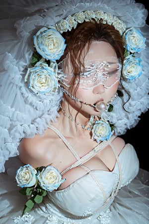 best quality:1.2,masterpiece,High definition,(perfect detail, perfect skin:1.2),((glossy skin)),(natural light, ray tracing, volumetric light),BREAK花嫁新娘_lbc,1girl,blue rose,bridal veil,wedding dress,necklace,brown hair,blue flower,rope,flower,rose,black background,closed eyes,rose print,bride,