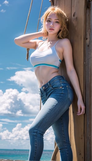 High definition photo, blonde, blue eyes, beautiful face, beautiful body, best angular beauty, sexy pose, fantastic background, windy hair, full body photo, sad expression, beautiful angular beauty, tight jeans, sky blue braja,
Pirate Ship Background Fantasy, Wet Skin, Nami (One Piece), Nami, Nami \ (One Piece \)