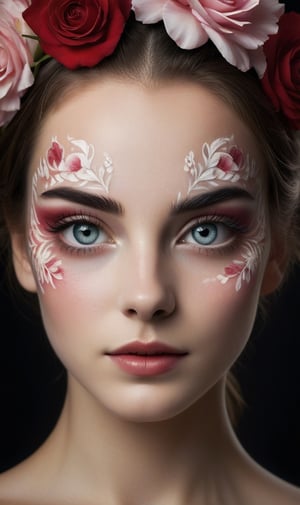 Ultra-realistic 32k UHD Portrait: A stunning girl with large, expressive eyes and enchanting long eyelashes. Cat-like, finely detailed eyebrows add depth to her gaze, while a subtle sparkle brings a touch of allure. Delicate floral tattoos adorn her face, transforming it into a work of art. The image, captured in macro, reveals haute couture details, a noir ambiance, and tender emotions. Hyper-realistic flowers in red, white, and pink tones create a mesmerizing body art effect. The photo's transparency adds an ethereal touch, and the sharp focus under bright lighting enhances its cinematic quality.