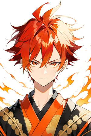 anime masterpiece, face portrait, 13 year old, cool male character, slim but sinewy, pointy flame-like red hair, bright orange eyes, cool sleeveless black male kimono with golden decorated rims, serious expression, neutral background, drawn in the style of masashi kishimoto