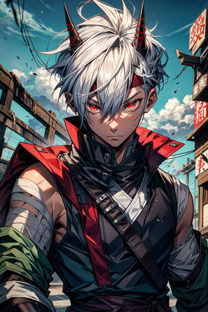The Last Airbender anime style, Male, 20 years old, mature, adult, cool male character, slender, short white hair, wild cool bowl-cut, metal headband with short metal oni horns on it, red evil eyes, neck and mouth covered by messy white bandages, cool elegant violent and black traditional japanese clothes with long sleeve on the right and sleeveless on the left, white bandages around left arm, neutral background