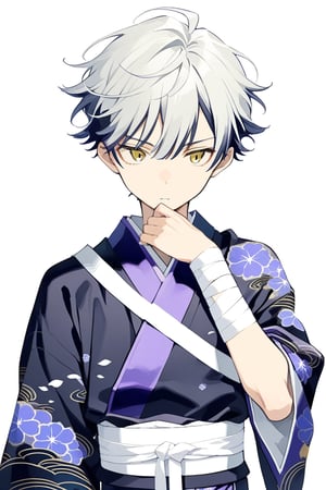 anime masterpiece, 13 year old, cool male character, short white hair, bowl-cut hairdo, yellow eyes, cool blue and dark purple long-sleeved traditional japanese robe, slim body, shy expression, left hand and arm wrapped in white bandage, neutral background, drawn in the style of masashi kishimoto