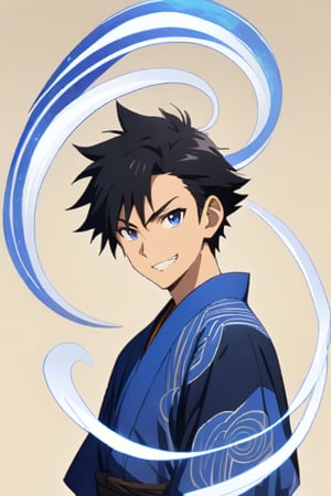 anime masterpiece, face portrait, 16 year old, cool male character, impossibly swirling spiraling glossy long jet-black hair, dark blue bright eyes, cool blue and white half-sleeved male kimono, slim body, sly friendly grin, neutral background, drawn in the style of masashi kishimoto