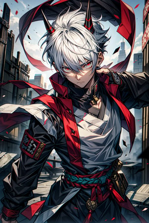 The Last Airbender anime style, Male, 20 years old, mature, adult, cool male character, slender, short white hair, wild cool bowl-cut, metal headband with short metal oni horns on it, red evil eyes, neck and mouth covered by messy white bandages, cool elegant violent and black traditional japanese clothes with long sleeve on the right and sleeveless on the left, white bandages around left arm, neutral background