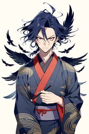 anime masterpiece, 40 years old, cool male character, mature, adult, slightly wrinkly, a raven-inspired human character, ugly, jet black raven feather-like hair, slender, dark red eyes, cool elegant elaborate black and dark blue japanese male kimono, sinister look, sly expression, drawn in the style of masashi kishimoto