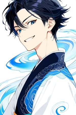 anime masterpiece, face portrait, 16 year old, cool male character, impossibly swirling spiraling glossy long jet-black hair, dark blue bright eyes, cool blue and white half-sleeved male kimono, slim body, sly friendly grin, neutral background, drawn in the style of masashi kishimoto