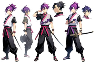 anime masterpiece, a 12 year-old boy, cool male anime protagonist, masculine, manly, boy, male, purple hair with short high male ponytail, expressive vivid magenta eyes, dressed in a black and white traditional japanese male warrior short-sleeved clothes, long black male ninja pants, long strip of black fabric used as a bracelet, slim build, agile, confident and clever, smile, full moon in the background, drawn in the style of masashi kishimoto, equipment sheet style, neutral background, drawn in the style of masashi kishimoto