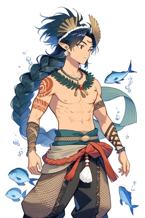 anime masterpiece, a 30 year old, mature, adult, cool male character, seaweed-like hair, short, skinny, fish-like, tan skin, short pointy ears, fish-like eyes, cool elaborate fish-like primitive barbarian-like clothes, shellfish clothes, hemp clothes, seaweed clothes, fishscale clothes, thick fishnet clothes, thatch clothes, pants, shellfish and seaweed and fishbone decorations, sea-inspired waist girdle, Polynesian-inspired fashion, white body tribal scale-like tattoos, necklaces of shells and sea stones, fishbone jewels, neutral background, drawn in the style of masashi kishimoto