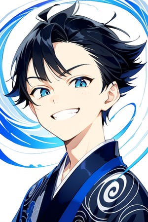 anime masterpiece, face portrait, 13 year old, cool male character, impossibly swirling spiraling glossy jet-black hair, dark blue bright eyes, cool blue and white half-sleeved male kimono, slim body, sly friendly grin, neutral background, drawn in the style of masashi kishimoto