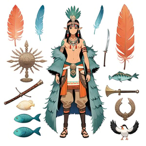 anime masterpiece, barbarian fish-inspired sea-inspired primitive human tribe weapons, made of coral and shellfish and fishbone and seaweed, light, practical, functional, equipment sheet style, barbarian bird-like primitive tribal character, tall, very skinny, lanky, bird-like, tan skin, short pointy ears, small bird-like eyes, feather-like hair, long limbs, cool elaborate bird-like primitive barbarian-like feather-based flamboyant colorful clothes, feather clothes, hemp clothes, pants, shirts, feather coats, feather headgear, mayan inspired fashion, gaiters, white body tribal tattoos, necklaces made of feathers, jade, bone jewels, serious expression, neutral background, drawn in the style of masashi kishimoto