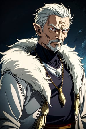 The Last Airbender anime style, Male, 80 years old, mature, adult, old, wrinkly, cool male character, slim, short, wrinkly, ugly, wolf-inspired human character, short pointy ears, tall forehead, clear eyes, messy matted wild tight white hair, short messy unkempt thin puny white goatee, cool primitive barbarian feral leather and pelt furry clothes, primitive bone and jade necklaces and baubles, slightly unhinged look, serious expression but a bit ridiculous, neutral background