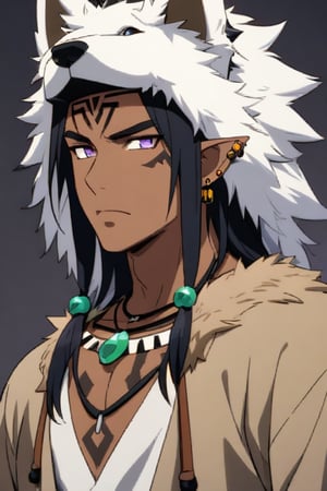 anime masterpiece, face portrait, 35 year old, cool male character, feral, slim and athletic, short messy spiky black hair, tan skin, short pointy ears, pale violet eyes, white body tribal tattoos, cool elaborate feral primitive barbarian-like outfit, pelt shirt, black pelt as waist cover, jade and bone jewels, aboriginal piercings, alert expression, neutral background, drawn in the style of masashi kishimoto