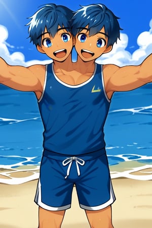 HD,8K,cute boy, two heads attached to one body boy ,anime,hansome,love ,blue eye, Happy ,seaside,human,gay,Sports vest, beach shorts