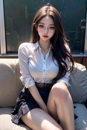 Best picture quality, high resolution, 8k, realistic, sharp focus, realistic image of elegant lady, Korean beauty, supermodel, a serious teacher with a mini skirt, glasses and her legs crossed in a dominant way,  