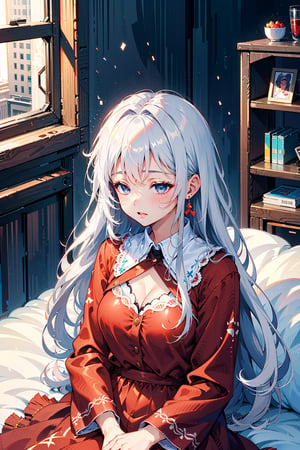 girl with messy white hair and long red dress, sleeping on a white bed, 