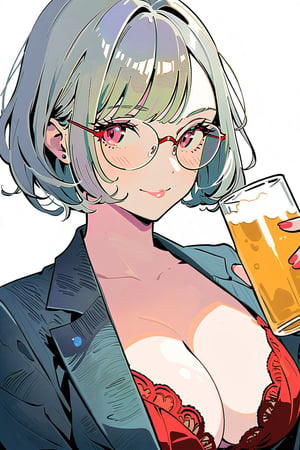 Best picture quality, high resolution, 8k, sharp focus, image of elegant lady, supermodel, an adult woman, of serious appearance, but blushing, she is drinking beer and smiling, she is wearing glasses, a wrinkled gray business suit and showing her cleavage, she is wearing a black and red lace bra