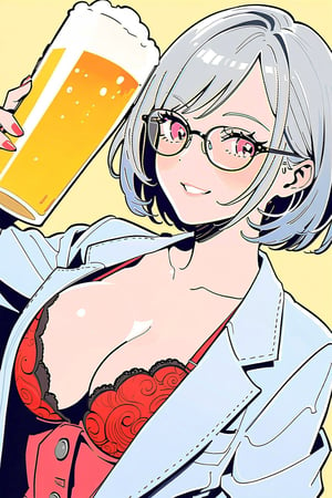 Best picture quality, high resolution, 8k, sharp focus, image of elegant lady, supermodel, an adult woman, of serious appearance, but blushing, she is drinking beer and smiling, she is wearing glasses, a wrinkled gray business suit and showing her cleavage, she is wearing a black and red lace bra