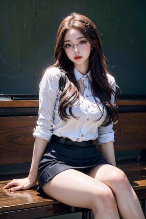 Best picture quality, high resolution, 8k, realistic, sharp focus, realistic image of elegant lady, Korean beauty, supermodel, a serious teacher with a mini skirt, glasses and her legs crossed in a dominant way,  